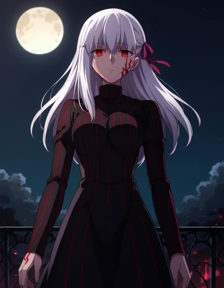 score_9, score_8_up, score_7_up, source_anime,
sakuramatou, <lora:sakura-matou-hf-ponyxl-lora-nochekaiser:1>,
sakura matou, long hair, red eyes, white hair, hair ribbon, empty eyes, dark persona, corruption,
dress, black dress, turtleneck, striped, long sleeves,
outdoors, moon, night, night sky, clouds,
looking at viewer, dutch angle, cowboy shot,