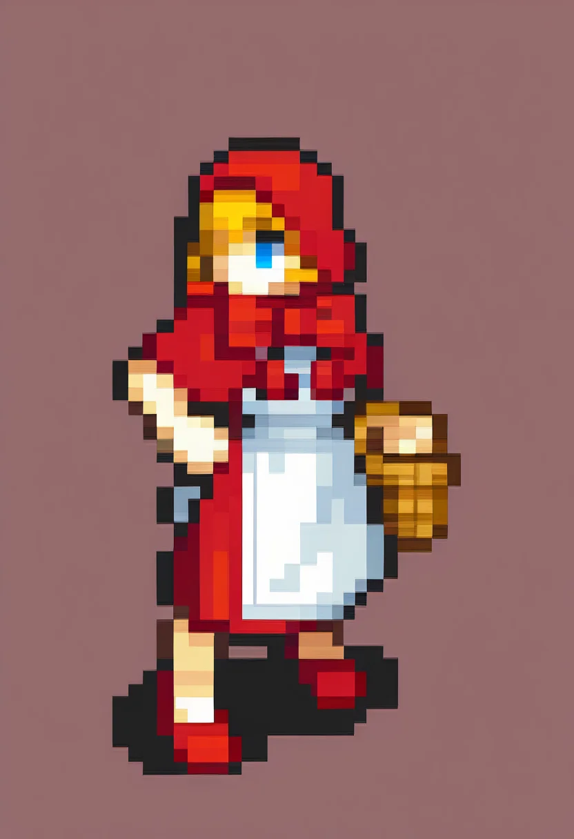 masterpiece, best quality, solo, 1girl, <lora:FEGBA-Sprites-illus_Fp:1>, simple background, pixel art, full body, <lora:Bbhood-illus_Fp:1>, bbhood, short hair, blonde hair, blue eyes, hood, capelet, red dress, bow, white apron, pom pom \(clothes\), hood up, basket,