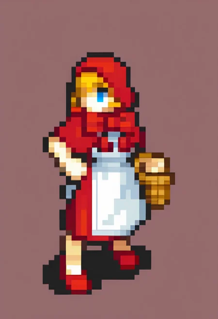 masterpiece, best quality, solo, 1girl,  <lora:FEGBA-Sprites-illus_Fp:1>, simple background, pixel art, full body, <lora:Bbhood-illus_Fp:1>, bbhood, short hair, blonde hair, blue eyes, hood, capelet, red dress, bow, white apron, pom pom \(clothes\), hood up, basket,