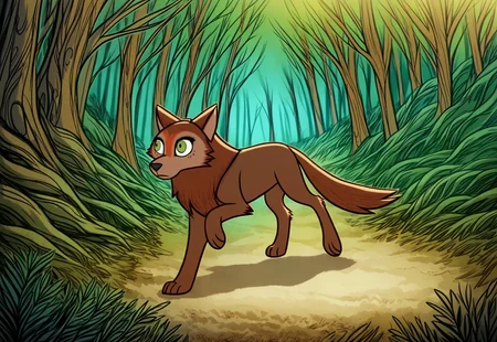 (zPDXL3), full body, solo, furry, best quality, animal focus, solo, mebh_wolf, full body, pokemon (creature), animal, wolf, green eyes, animal focus, dynamic pose, outdoors, forest , dynamic angle