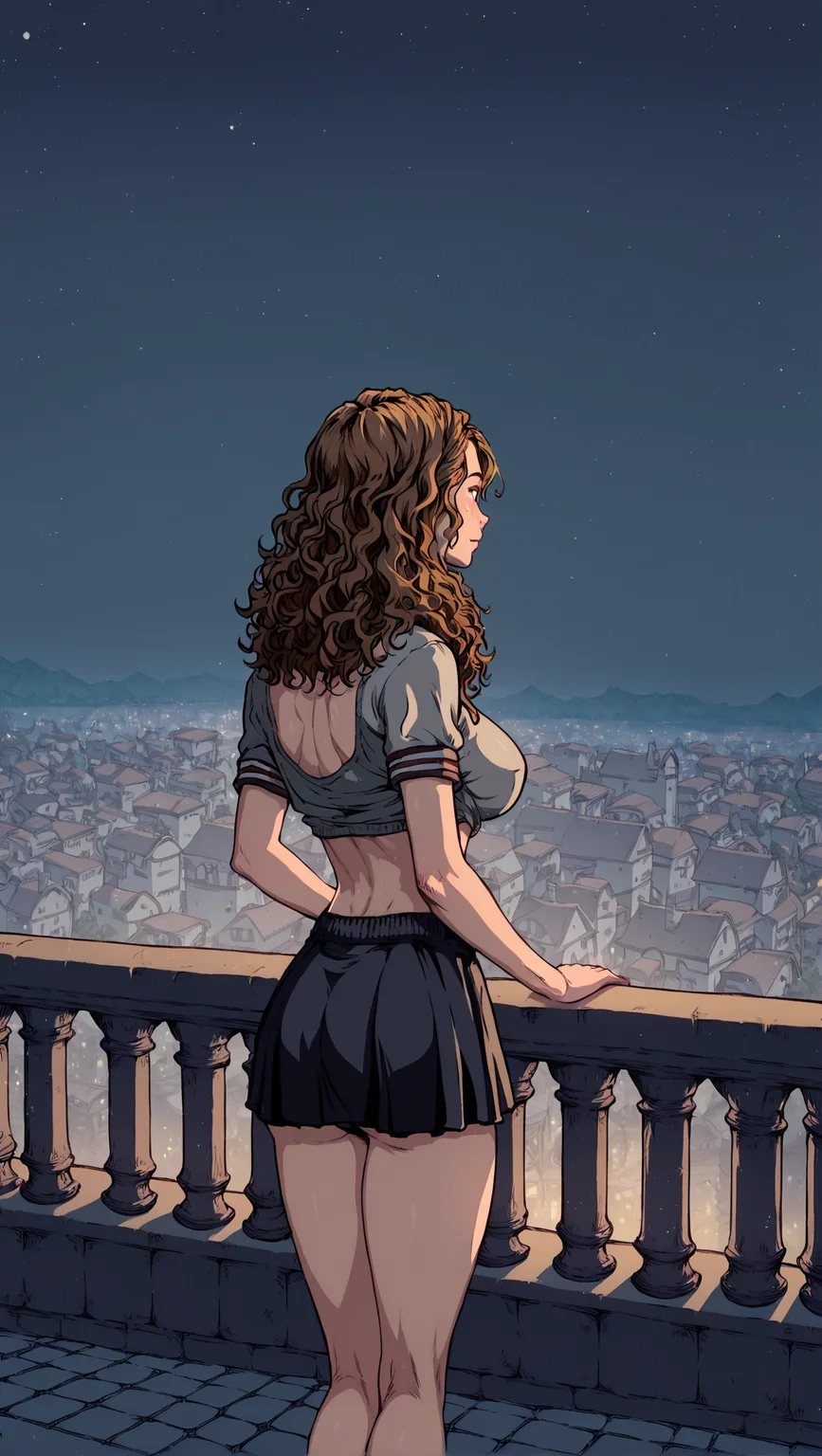 score_9,score_8_up,score_7_up,Akaburstyle,Hermione Granger,big breasts,rear view,black panty,on the balcony,leaning against the edge of the balcony,view of the city,night,dark,<lora:Akabur:1>,