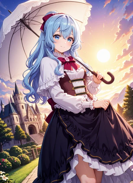 source_anime BREAK prefect lighting,very aesthetic,prefect hands,best quality,
intricate details,highly detailed background,(masterpiece:0.9),high quality,lustrous_skin,skindentation,(zPDXL3),
ultra delicate hair,
face_detail,
skin_detail,<lora:cfg_scale_boost>,
lustrous_skin,skindentation,
shiny skin,
<lora:seirei_gensouki_-_liselotte_cretia_il:0.7>,liselotte_cretia,long_hair,hair_between_eyes,blue_hair,ponytail,purple_bow,hair_bow,blue_eyes,
white_shirt,long_sleeves,white_dress,frills,black_skirt,red_bowtie,white_capelet,frilled_capelet,
masterpiece,best quality,ultra-detailed,Best-A,Medium-B,Low-C,Bad-D,cute,light_blush,dynamic_angle,
looking at viewer,small breasts,blush,smile,
in summer,flowers meadows,castle,park,umbrella,hold an umbrella,sun,