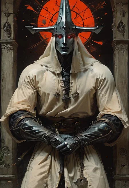 ((score_9, score_8_up, score_7_up)),  1man, face focus,red glowing eyes trough iron spike medieval, muscular, facing viewer, taarakian, high fantasy, heavy metal, , red and black barbarian outfit, axe , dynamic pose, detailed background, masterpiece, HMstyle, ghotic church in background, executioner big axe