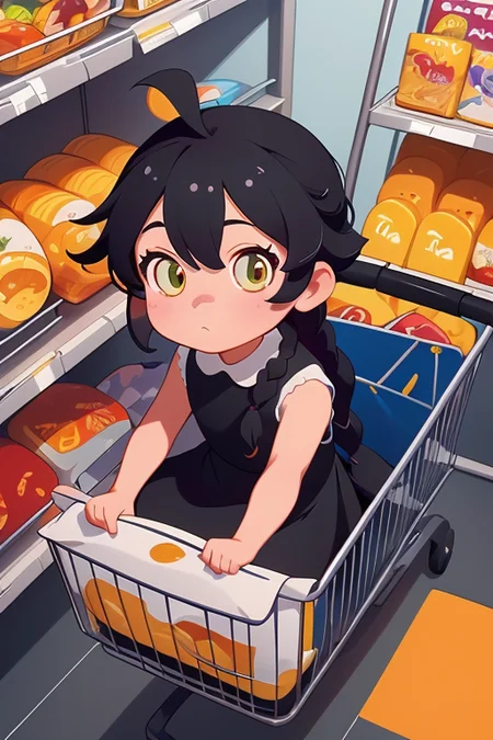 (2d:1.2), wide shot, (dynamic angle:1.1), outline, ((thick lineart)), cover, stylish, official art, (details:1.2), glow:0.2, shadow, 1girl, shirt, sleeveless, dress, black dress, looking at viewer, sttngshppngcrt, food, ahoge, bag, braid, <lora:sitting_shopping_cart_00_01-000001:1.0>