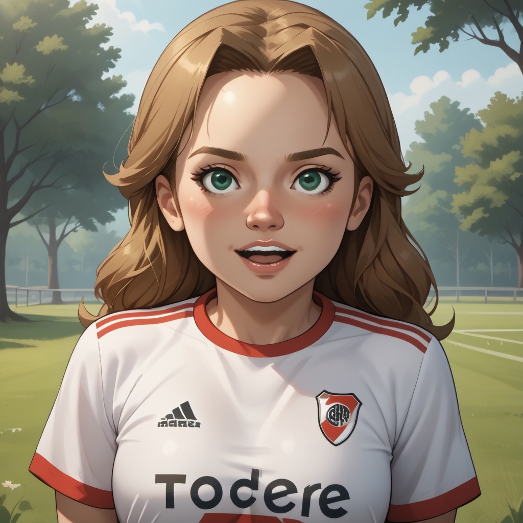 score_9, score_8, BREAK, solo, wii, mii, wii sports resort, 1girl, female mii, tree shaped nose, green eyes, light brown hair, open mouth, teeth, blush, RiverPlate, striped shirt, striped, shirt, white shirt, short sleeves, clothes writing, sportswear, soccer uniform, cute, nintendo mii, modern_mii, classic_mii, breasts, Ursula_(\Wii_Sports_Resort\), adult female, mature female, sexy pose, self portrait, smile, outdoors, sunlight, shadows, evening lighting, natural lighting, forest, trees, grass, orange sky, sunset