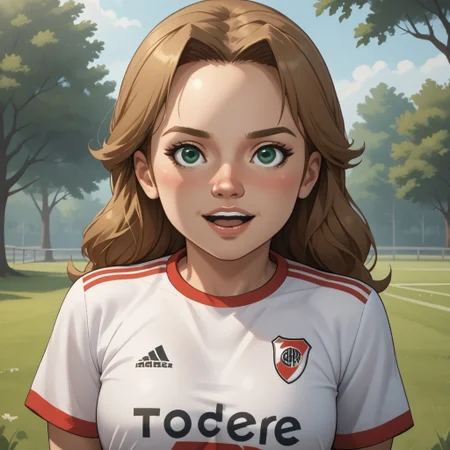 score_9, score_8, BREAK, solo, wii, mii, wii sports resort, 1girl, female mii, tree shaped nose, green eyes, light brown hair, open mouth, teeth, blush, RiverPlate, striped shirt, striped, shirt, white shirt, short sleeves, clothes writing, sportswear, soccer uniform, cute, nintendo mii, modern_mii, classic_mii, breasts, Ursula_(\Wii_Sports_Resort\), adult female, mature female, sexy pose, self portrait, smile, outdoors, sunlight, shadows, evening lighting, natural lighting, forest, trees, grass, orange sky, sunset