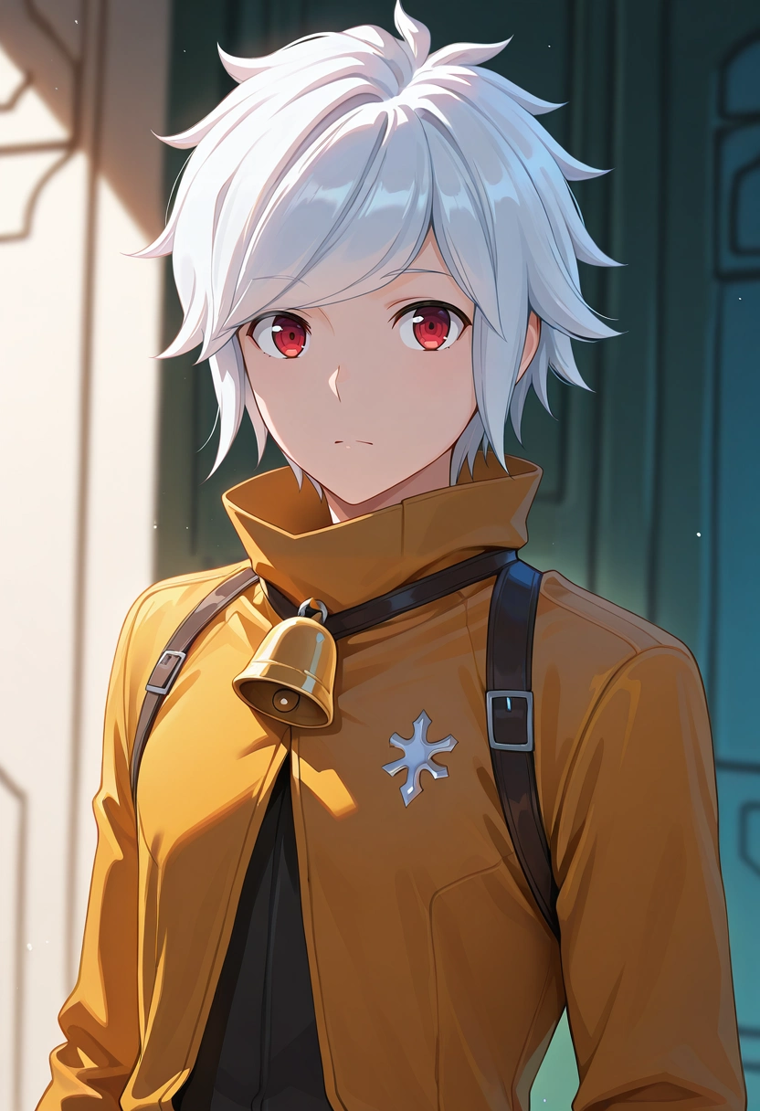 masterpiece, best quality, intricate details, , looking at viewer, 1boy, solo, male focus, <lora:bell_cranel_ilxl:1>, bell_cranel, white hair, red eyes, short hair, , ranger costume