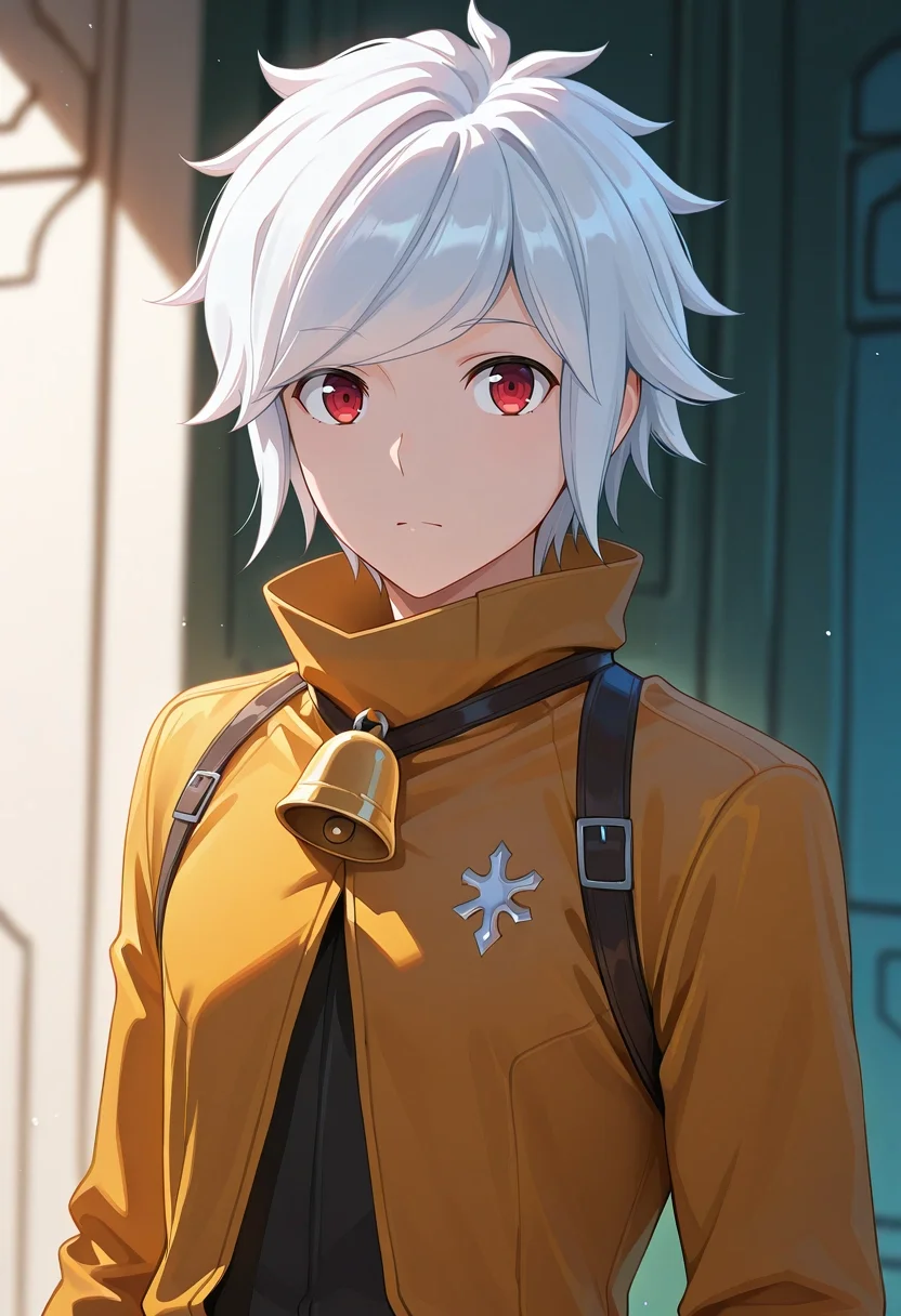 masterpiece, best quality, intricate details, , looking at viewer, 1boy, solo, male focus, <lora:bell_cranel_ilxl:1>, bell_cranel, white hair, red eyes, short hair, , ranger costume