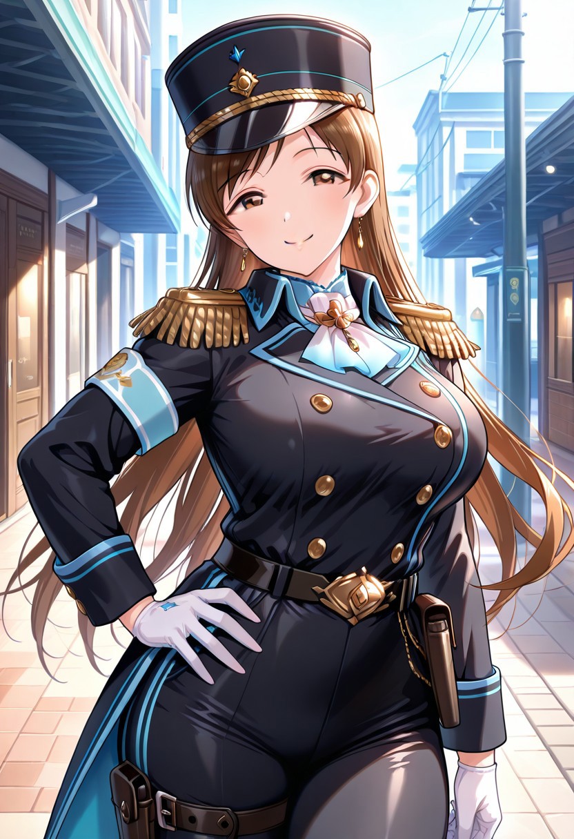 <lora:Nitta_Minami_Cinderella:1>, Nitta_Minami_Cinderella, masterpiece, best quality, amazing quality, 1girl, solo, cowboy shot,
smile, looking at viewer, hand on hip,
(very long hair, brown hair, parted bangs, sidelocks), brown eyes, big breasts, muscular body,
(black military uniform, long-coat, epaulettes, long-sleeves, light-blue armband, badges, buttons), white ascot, (utility belt, cross-shoulder belt, leg belt, belt pouches, holsters, black pants), white gloves, (black shako cap, light-blue feathers),
outdoors,