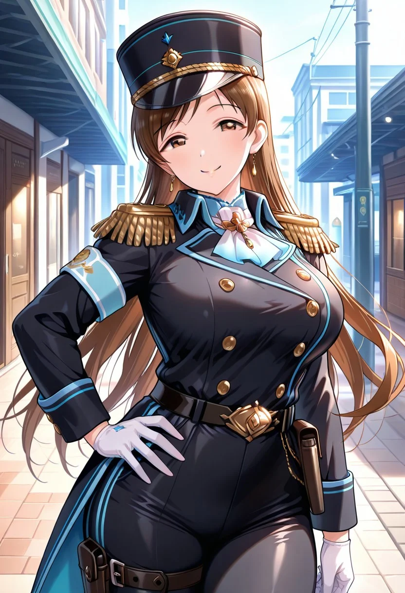<lora:Nitta_Minami_Cinderella:1>, Nitta_Minami_Cinderella, masterpiece, best quality, amazing quality, 1girl, solo, cowboy shot,
smile, looking at viewer, hand on hip,
(very long hair, brown hair, parted bangs, sidelocks), brown eyes, big breasts, muscular body,
(black military uniform, long-coat, epaulettes, long-sleeves, light-blue armband, badges, buttons), white ascot, (utility belt, cross-shoulder belt, leg belt, belt pouches, holsters, black pants), white gloves, (black shako cap, light-blue feathers),
outdoors,