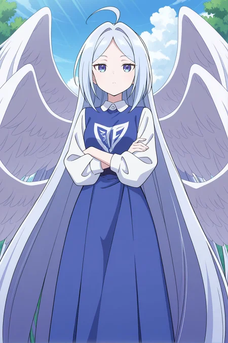 absurdres, highres, masterpiece, best quality, amazing quality, official anime artwork, screencap, anime screencap, outdoors, looking at viewer, emotionless, 
 <lora:Sariel_Illustrious:1> sariel, 1girl, solo, blue eyes, blue hair, absurdly long hair, parted bangs, ahoge, small breasts, angel wings, multiple wings,, blue dress, long dress, collared shirt, white sleeves, puffy long sleeves, wide sleeves, crossed arms,