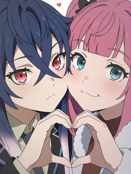 masterpiece, best quality, amazing quality, very aesthetic, absurdres, newest, defined facial features, anime coloring, anime screencap,
<lora:Irina-Lev-Anya_IL1.1v0a:1> luminesk irina, black blazer, collared shirt, necktie, side-by-side, heart hands duo, BREAK simonyan anya, turtleneck ribbed sweater, white winter coat, side-by-side, heart hands duo, cheek-to-cheek,