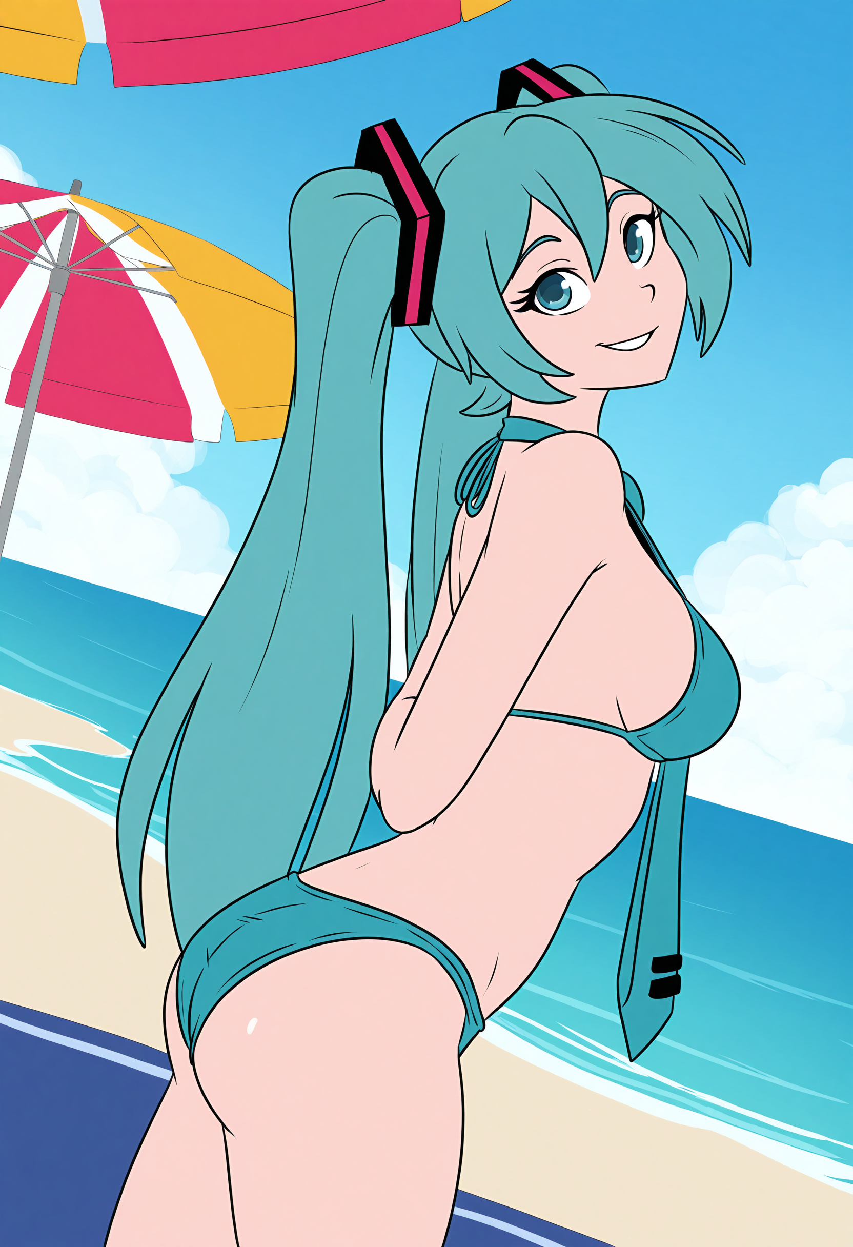 <lora:mandyfoxyStyle_Illustrious_Mlaofmd-10:1.0>, mandyf0xy, flat color, masterpiece, best quality, newest, absurdres, highres, perfect anatomy, 1girl, hatsune miku, blue hair, long hair, blue eyes, blue necktie, embarrased, huge breats, bikini, hands behind back, head tilt, (side view:1.2), looking at viewer, beach, day, water, clouds, umbrella, dutch angle, detailed background
