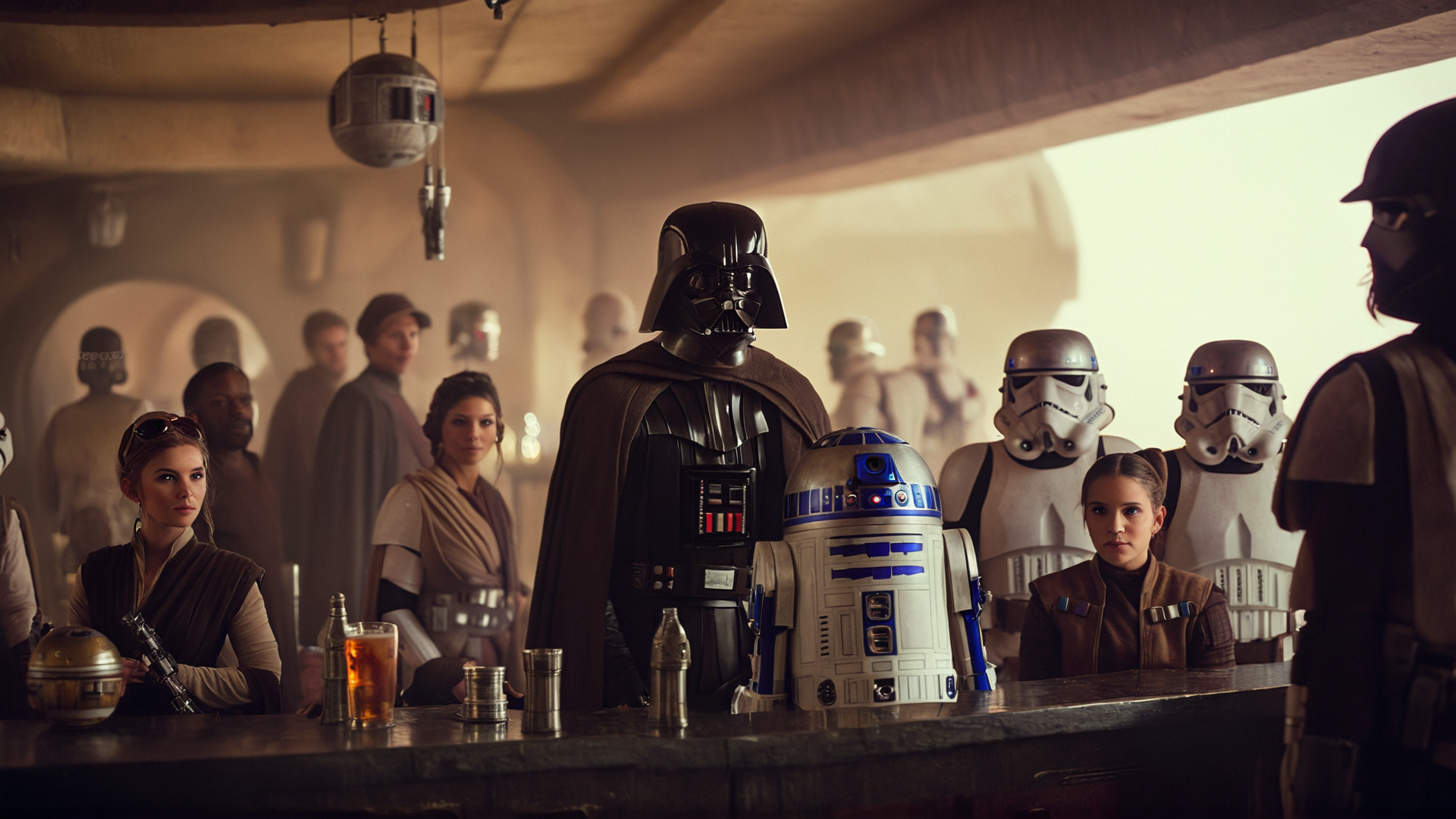 cinematic film still of  <lora:star wars style:0.2>
<lora:detailed:0.4> detailed
<lora:perfection style:0.4> perfect
<lora:PerfectEyesXL:0.5>
 <lora:Chiaroscuro Lighting Style:0.3>
 <lora:Mos Eisley:0.9>
Mos Eisley a group of people standing around a bar,in star wars style,multiple girls,hat,sitting,weapon,multiple boys,indoors,armor,cup,mask,facial hair,table,helmet,beard,6+boys,bald,crowd,bar (place), shallow depth of field, vignette, highly detailed, high budget, bokeh, cinemascope, moody, epic, gorgeous, film grain, grainy