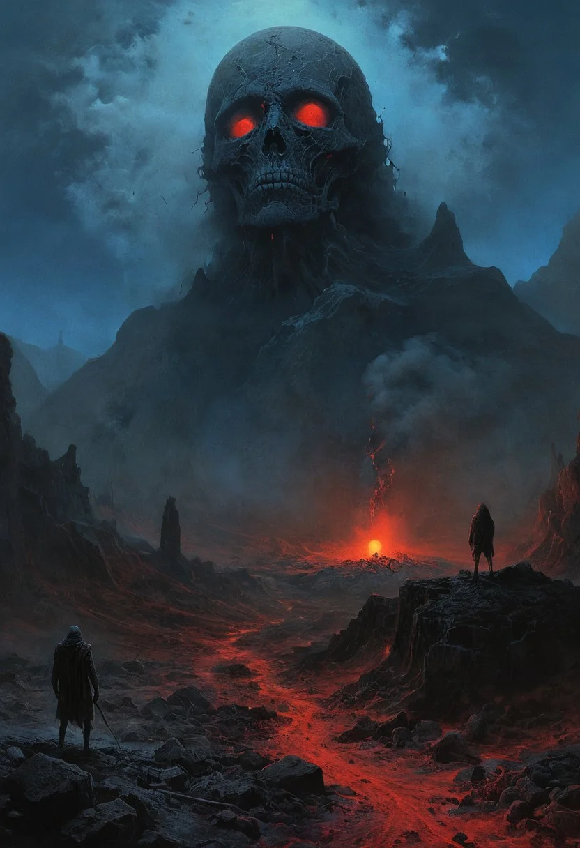 mountain of the dead, landscape, volcano, ash, gray stone, ghoul, halo, digital artwork by Beksinski, vibrant colors, red theme, full moon