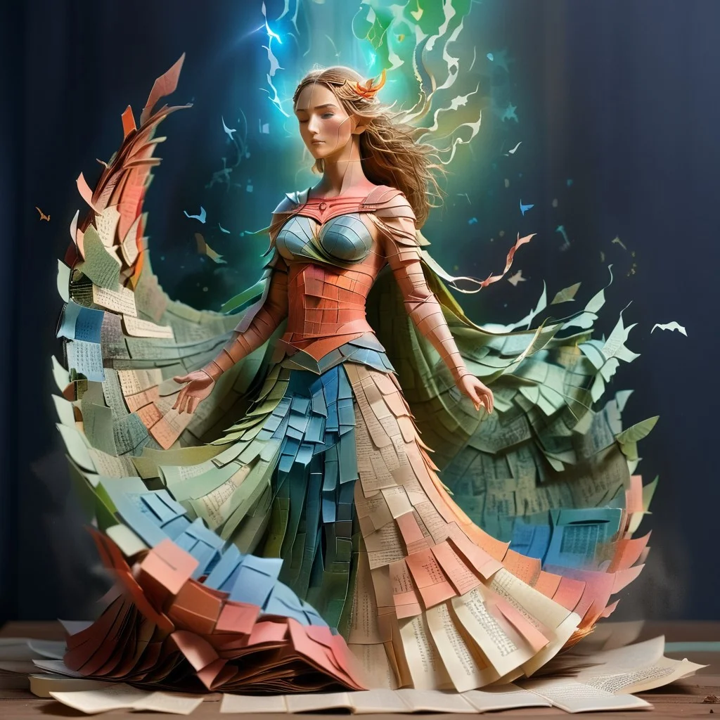 An open tome with an ethereal (woman made up of pages) dressed like a warrior rising from the pages, embodying noble character surrounded by symbols of grace strength and magic
PaperCutout style, endposit_notesmorph, paper sticky notes, made from 3m post it notes, post it notes, paper texture