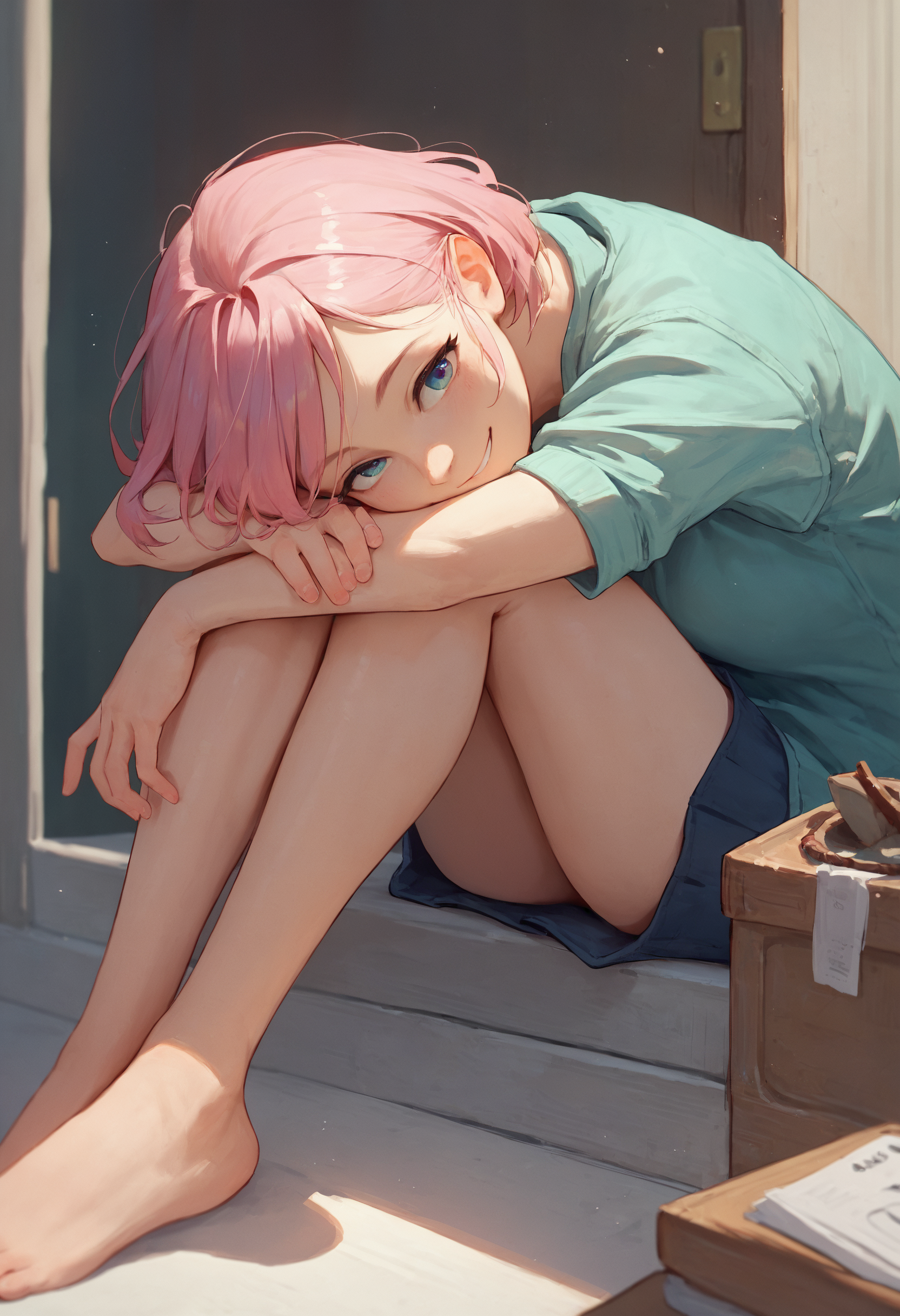 score_9, score_8_up, score_7_up, 1girl, head rest arm rest, smile, hugging own legs
<lora:head_rest_arm_rest_pony_1:1>