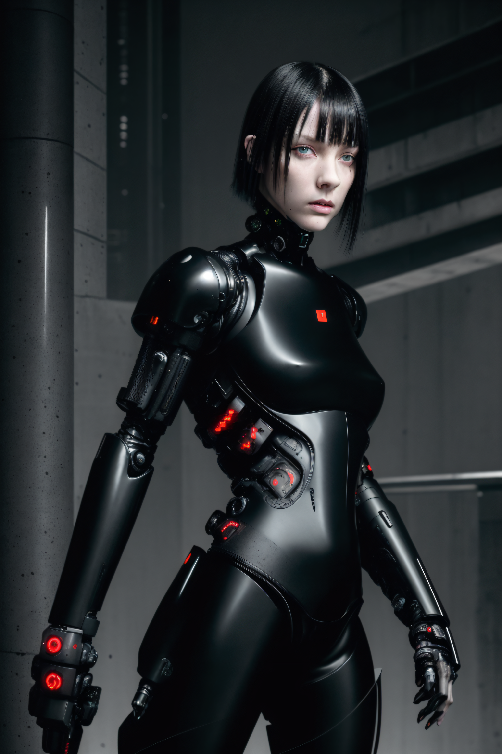 dark colors,RAW photo,realistic,detailed,8k uhd, dslr,sharp,volumetrics dtx,soft lighting,futuristic,((Sanakan (safeguard))), ((pale skin)), beautiful woman, (cyborg), (short black hair),  (bangs between eyes)),menacing,closed mouth,portrait, tubes, concrete, mega structures,decrepit scenery, <lora:blamev2:0.7>
