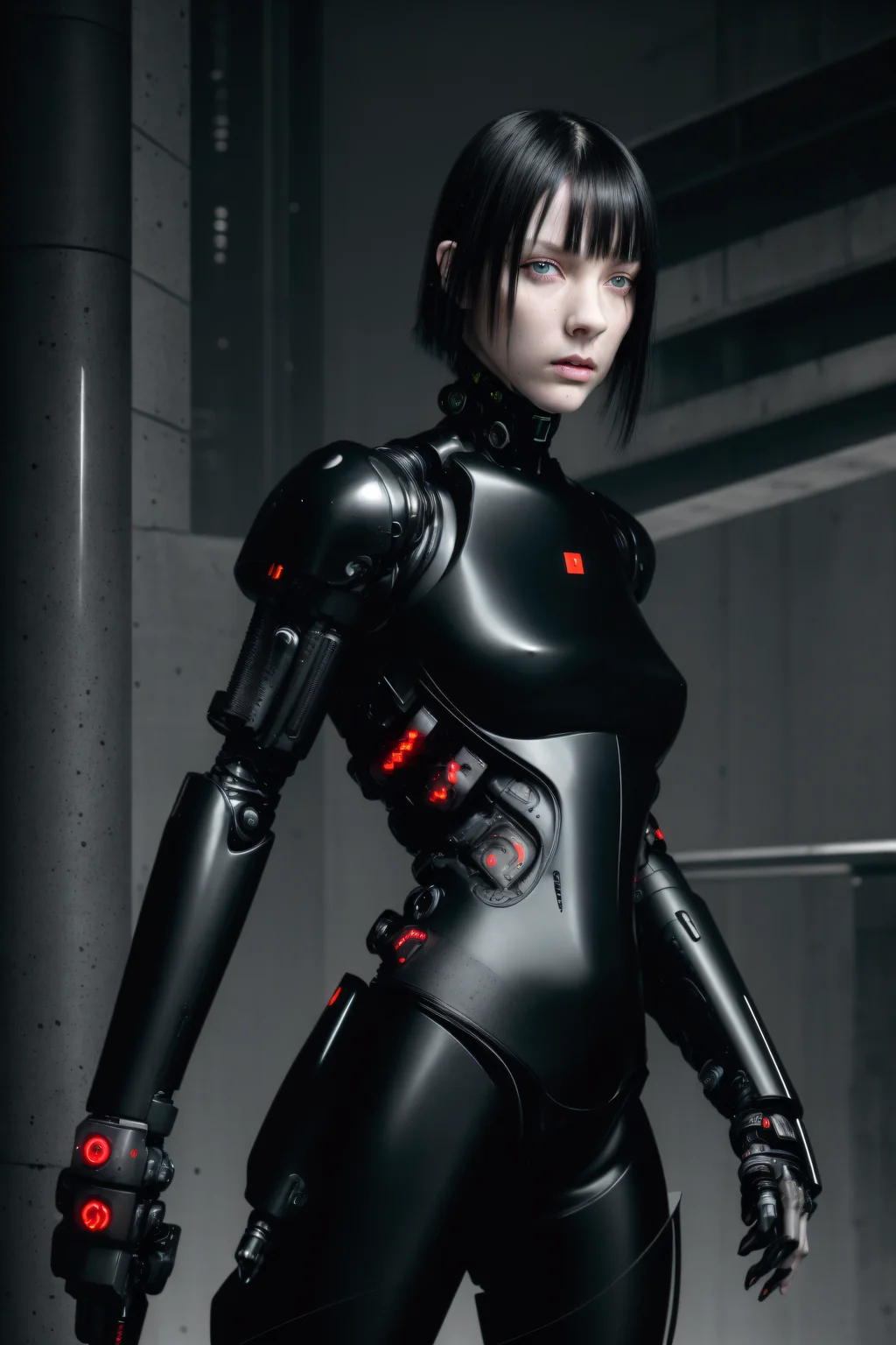 dark colors,RAW photo,realistic,detailed,8k uhd, dslr,sharp,volumetrics dtx,soft lighting,futuristic,((Sanakan (safeguard))), ((pale skin)), beautiful woman, (cyborg), (short black hair), (bangs between eyes)),menacing,closed mouth,portrait, tubes, concrete, mega structures,decrepit scenery, <lora:blamev2:0.7>