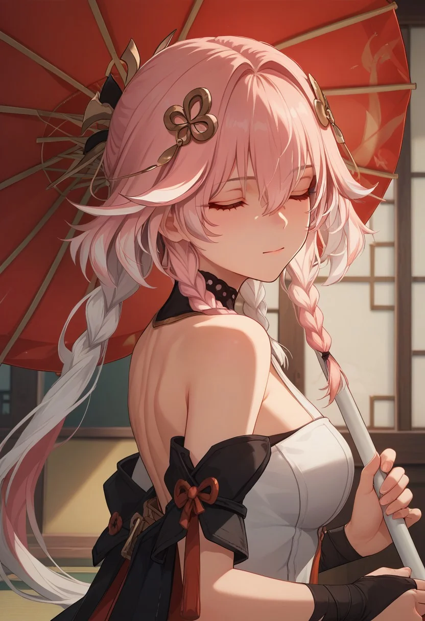 score_9_up, score_8_up, score_7_up, extreamly detailed, beautiful detailed face, complex detailed background, 1girl, BREAK,
CHANG LI, long hair, bangs, hair ornament, hair between eyes, bare shoulders, closed mouth, closed eyes, upper body, pink hair, braid, white hair, multicolored hair, indoors, twin braids, umbrella