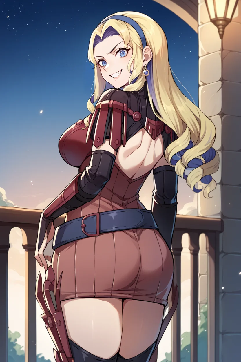 score_9, score_8_up, score_7_up, score_6_up, source_anime, BREAK 1girl, <lora:constance-pdxl-nvwls-v1-000005:1> warconstance, multicolored hair, long hair, blue hairband, earrings, red dress, short dress, armored dress, belt, gauntlets, big breasts, from behind, balcony, night sky, looking at you, grin, ass support