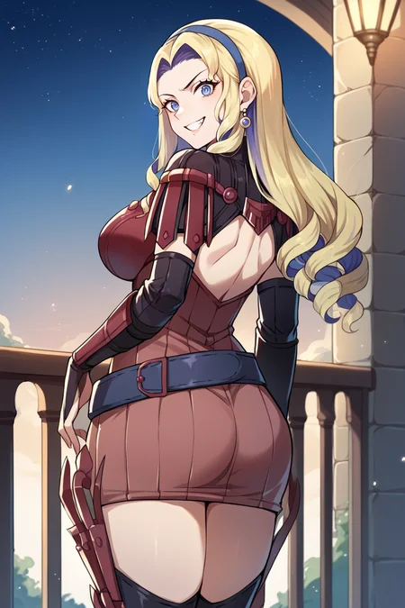 score_9, score_8_up, score_7_up, score_6_up, source_anime, BREAK 1girl, <lora:constance-pdxl-nvwls-v1-000005:1> warconstance, multicolored hair, long hair, blue hairband, earrings, red dress, short dress, armored dress, belt, gauntlets, big breasts, from behind, balcony, night sky, looking at you, grin, ass support