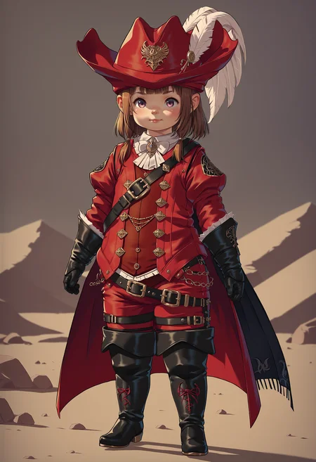 zPDXL,score_9, score_8_up, score_7_up, source_anime, 1girl, solo, full body, standing, desert,
brown hair, hime cut, (lalafell:1.5),
rdmAf, duelist head, duelist body, duelist gloves, duelist pants, duelist cape, duelist boots, hat feather <lora:Duelists_Attire_FFXIV-Red_Mage_AF1:.75>