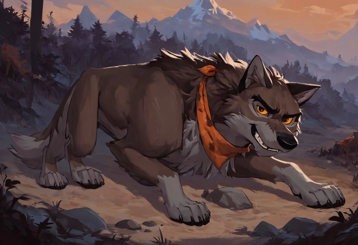 score_9, score_8_up, score_7_up, score_6_up, score_5_up, score_4_up, source_furry, hi res, concept art, in forest, sunny, mountain landscape, fields, night, solo, Balto, wolf, wolfdog, wearing an orange kerchief, yellow sclera, brown eyes, looking at viewer, determined, looking focused, smile, male, laying on ground, feet, wolf feet, four toed wolf feet, black foot pads, relaxing pose