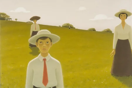 jeanpaullemieux1 painting.
A serene, open field with a gentle sky. In the foreground on the left, a young boy dressed in a white shirt, red tie, and wide-brimmed hat stands with a serious expression, looking directly at the viewer. On the right stands a woman wearing a skirt and a wide-brimmed hat. In the background stands a woman, her back to the viewer, carrying a parasol. <lora:jeanpaullemieux1_cap_d6a3e8:1.0><lora:841079997000147978:0>