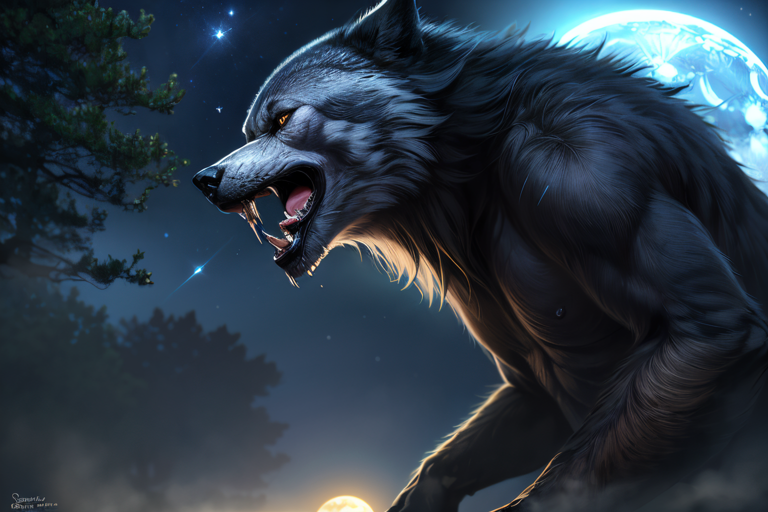 EdobWerewolf  (Realistic:1.5) wolf tail, sky, tail, werewolf, artist name, star (sky), moon, giant, bear, from side, sharp teeth, fog, sharp teeth, sword, no humans, piercing, tree, looking at viewer, dated, drooling, star (sky), tree, <lora:EdobWerewolf_v1.0:0.8>