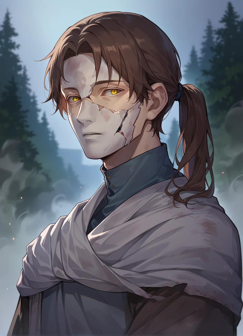 score_9, score_8_up, score_7_up, source_anime, 1boy, upper body, night, forest, blurred background, (fog:1.2), solo,holding, white-faced_varre, cracked mask,hood, ponytail, brown hair, hood, yellow eyes, <lora:white-faced_varre:0.9>