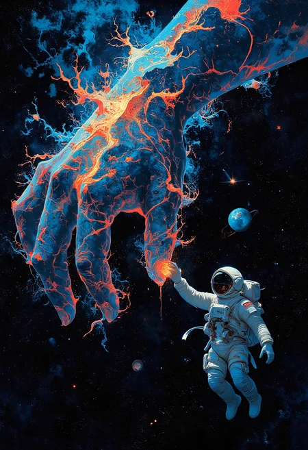 An astronaut in a bulky space suit floats in the void, their gloved hand stretching toward a colossal celestial being made of swirling galaxies and radiant stars. The entityâs glowing fingers extend toward the astronaut, their fingertips nearly touching, as if offering the secrets of the universe. The Earth spins in the distance, a small but beautiful reminder of home.