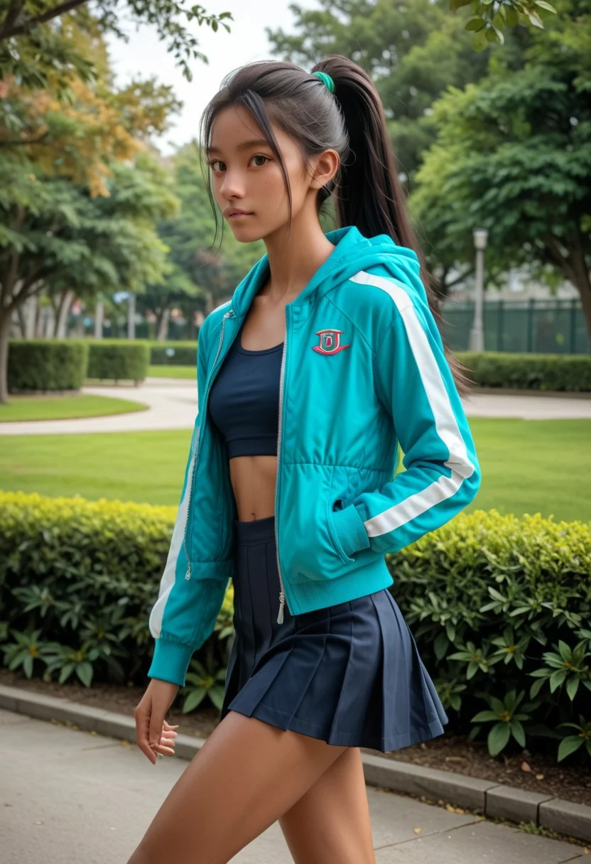 1girl, Masterpiece, 8k, ultra high detail, score_9, score_8_up, score_8, medium breast size, sporty long deepblack ponytail hair, fcNeg, stunning green eyes, native american skin, tan skin, small nose, innocent beauty, slim face, cute face, athletic body, perfect body, extreme detailed body, perfect face, ultra high detailed face, perfect eyes,
Sideview,
Joggingclothes, softshell jacket,
Jogging in park, sporty skirt,