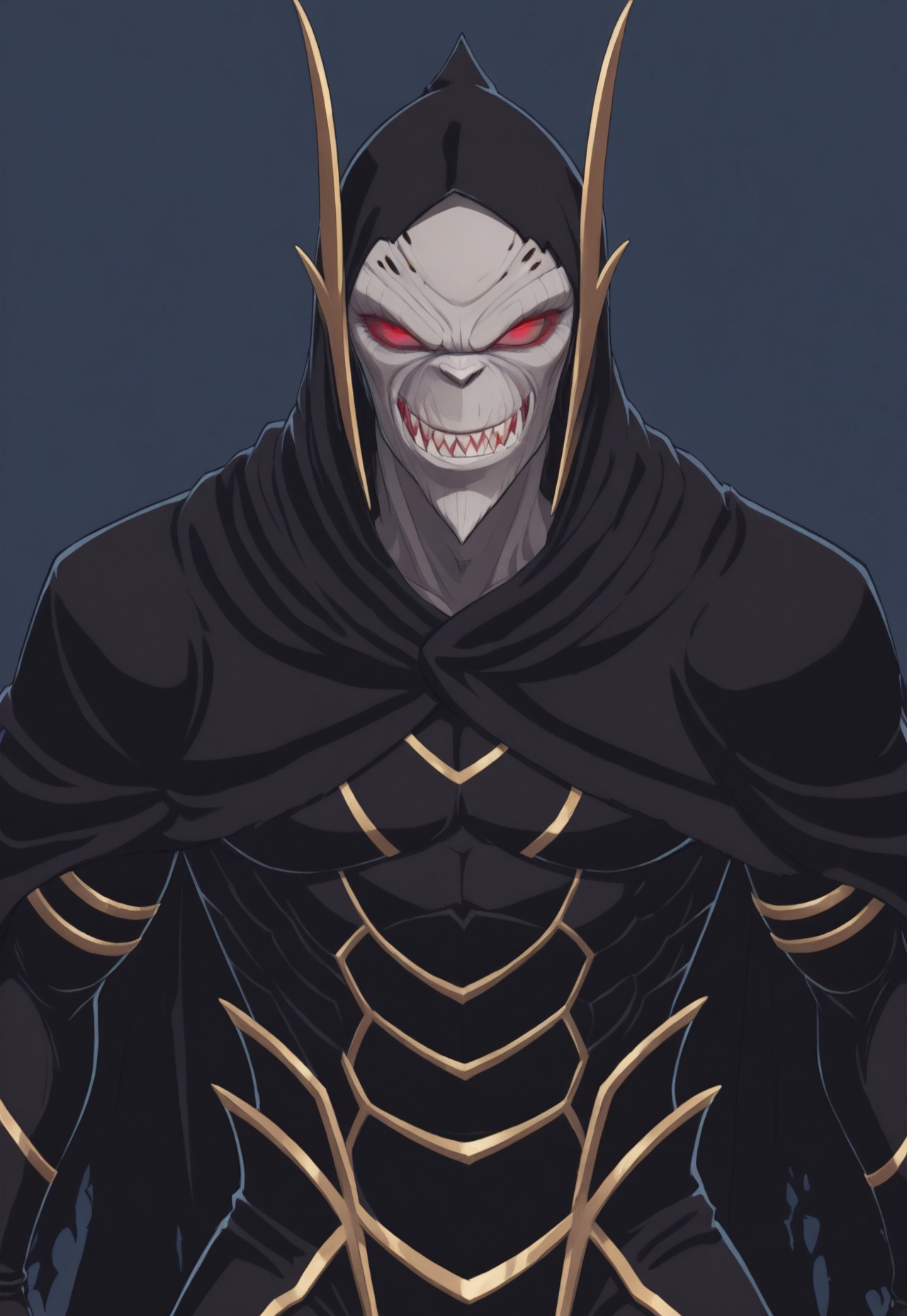 blue background, simple background, solid color background, 2d, 1male, solo, toned male, Marvel, CorvusGlaive, Black cloak, black hood, gold headgear, Alien male, grey skin, grey-skinned male, colored skin, red sclera, no pupils, glowing eyes, sharp teeth, black bodysuit, gold trim, armor, claws, Upper body, front view, looking at viewer, evil smile,
