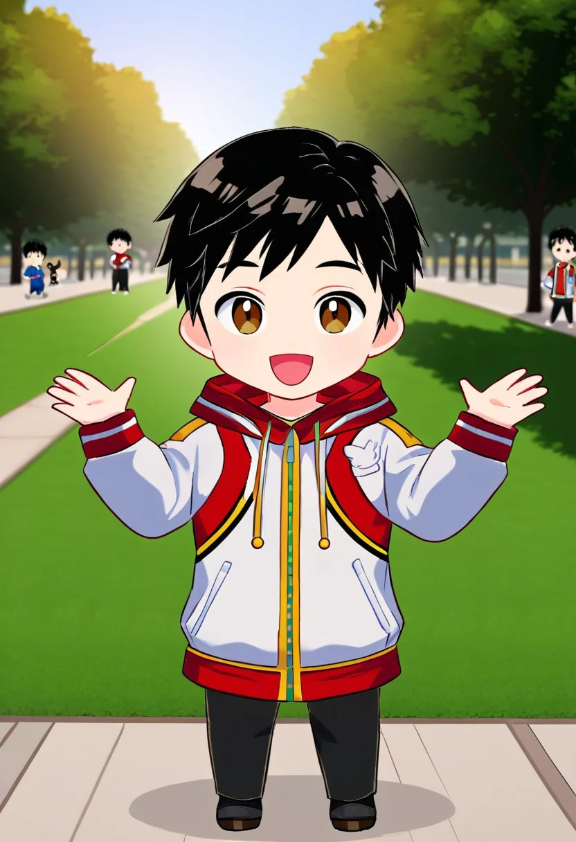 harmard, black hair, short hair, brown eyes, 1boy, (solo:1.20), solo focus, red_white_jacket, black pants, at park, chibi style, chibi, happy expression