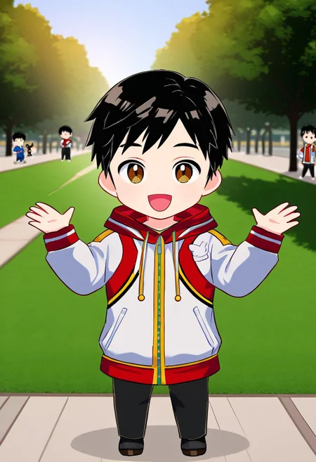 harmard, black hair, short hair, brown eyes, 1boy, (solo:1.20), solo focus, red_white_jacket, black pants, at park, chibi style, chibi, happy expression