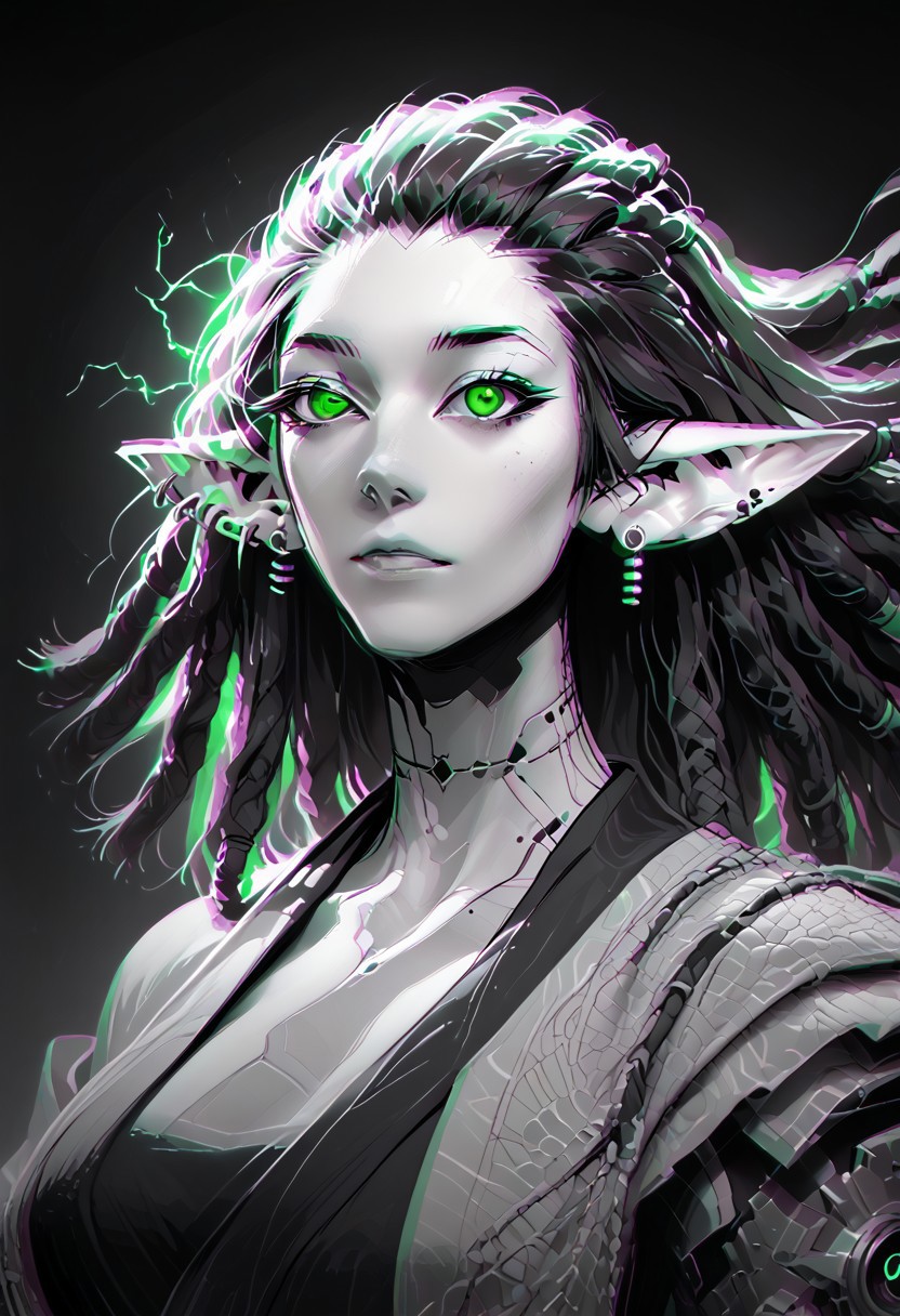 score_9, score_8_up, score_8, female, cel-shading, backlit, delicate features, very long hair, (dreadlocks), upper body, big breasts, techwear, cyborg, pointy elf ears, multiple ear piercings, techwear, dynamic pose, freckles, tan, colorvsgrey, monochrome, green glowing machine parts, hair oranments, kimono, electrical arcs,