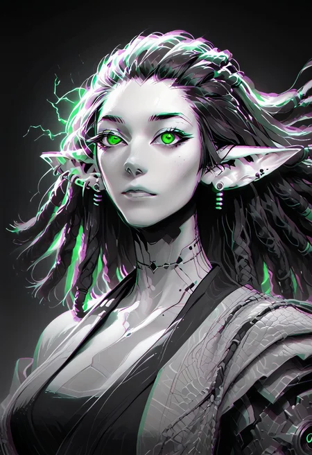 score_9, score_8_up, score_8, female, cel-shading, backlit, delicate features, very long hair, (dreadlocks), upper body, big breasts, techwear, cyborg, pointy elf ears, multiple ear piercings, techwear, dynamic pose, freckles, tan, colorvsgrey, monochrome, green glowing machine parts, hair oranments, kimono, electrical arcs,