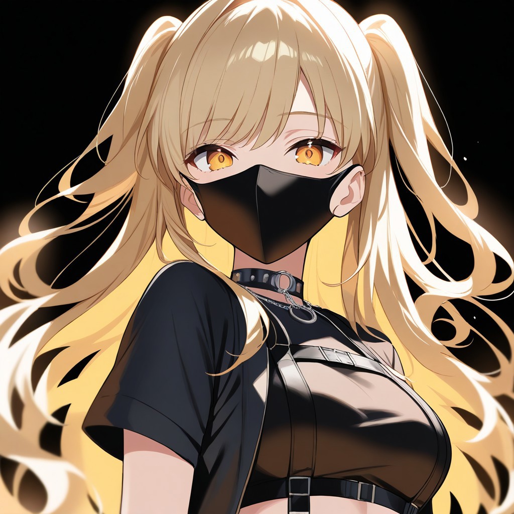 masterpiece, high score, great score, absurdres, no blur, (perfect anatomy),SisterClaireNijisanji, long hair, two side up, mouth mask, choker, black jacket, open jacket, black shirt, short sleeves, cropped shirt, chest harness, suspenders, o-ring, chain, black background, looking at viewer, soft lighting, beautiful face, highly detailed faces and eyes, perfect hair