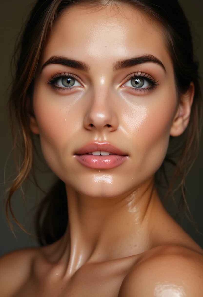 Elegant woman face, oiled skin.