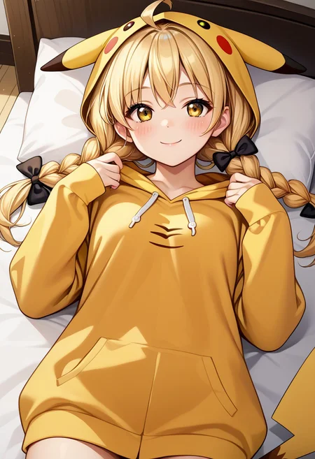 score_9, score_8_up, score_7_up, source_anime, 
detailed eyes, eye reflection,
fujita kotone, blonde hair, braid, twin braids, yellow eyes, twintails, low twintails, ahoge,
hair bow, black bow,
<lora:pikachu-cosplay-ponyxl-lora-nochekaiser:1>, pikachucosplay, pikachu \(pikachu\), character print, hood, hoodie, yellow hoodie,
indoors,
1girl, blush, smile,
lying down,