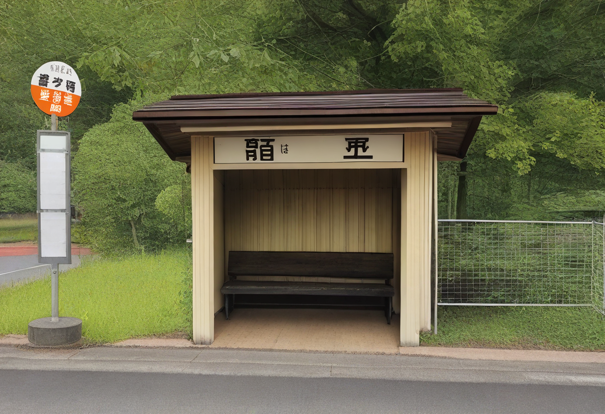 basutei, bus stop, scenery, no humans, real world location, tree, outdoors, sign, bench, road, day, fence, building, sunlight, rural, street, shade, bush, realistic, grass, plant, nature, house, japan, photorealistic, forest, 
photo background,
masterpiece, best quality, amazing quality, very aesthetic, absurdres, newest,
 <lora:sc_bustei_illustrious_V1L:1>