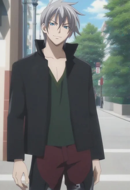 ((masterpiece)), ((best quality)), ((ultra-detailed)), ((absurdres)), score_9_up, score_8_up, score_7_up,
HD, top quality, best quality, amazing quality, High-quality illustrations, anime screencap, source_anime, best aesthetic, perfect proportions, perfect eyes, 1boy, 1male, solo boy, solo male, male focus, solo male focus, Anime, boy, male anime character, anime boy, handsome, cute, charming, sexy, good-looking, Vali Lucifer, silver hair, blue eyes, black leather jacket, popped collar, green shirt, burgundy jeans, chain, black chaps, ((slim body, lean body)), ((tall body, tall height)), ((smirk)), ((outside, public, street)), ((front view, front shot, facing front, view from the front))