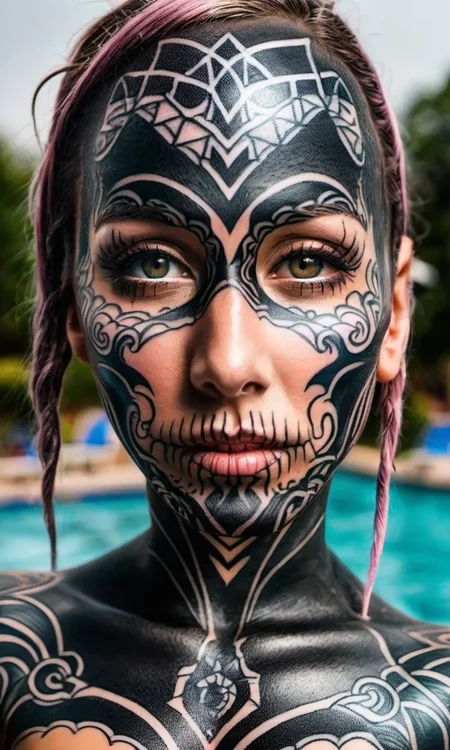 detailed a fully body and face tattooed woman facing the camera <lora:DarTataBodGPlus:1.0> at the public outdoor pool swimming on the water
