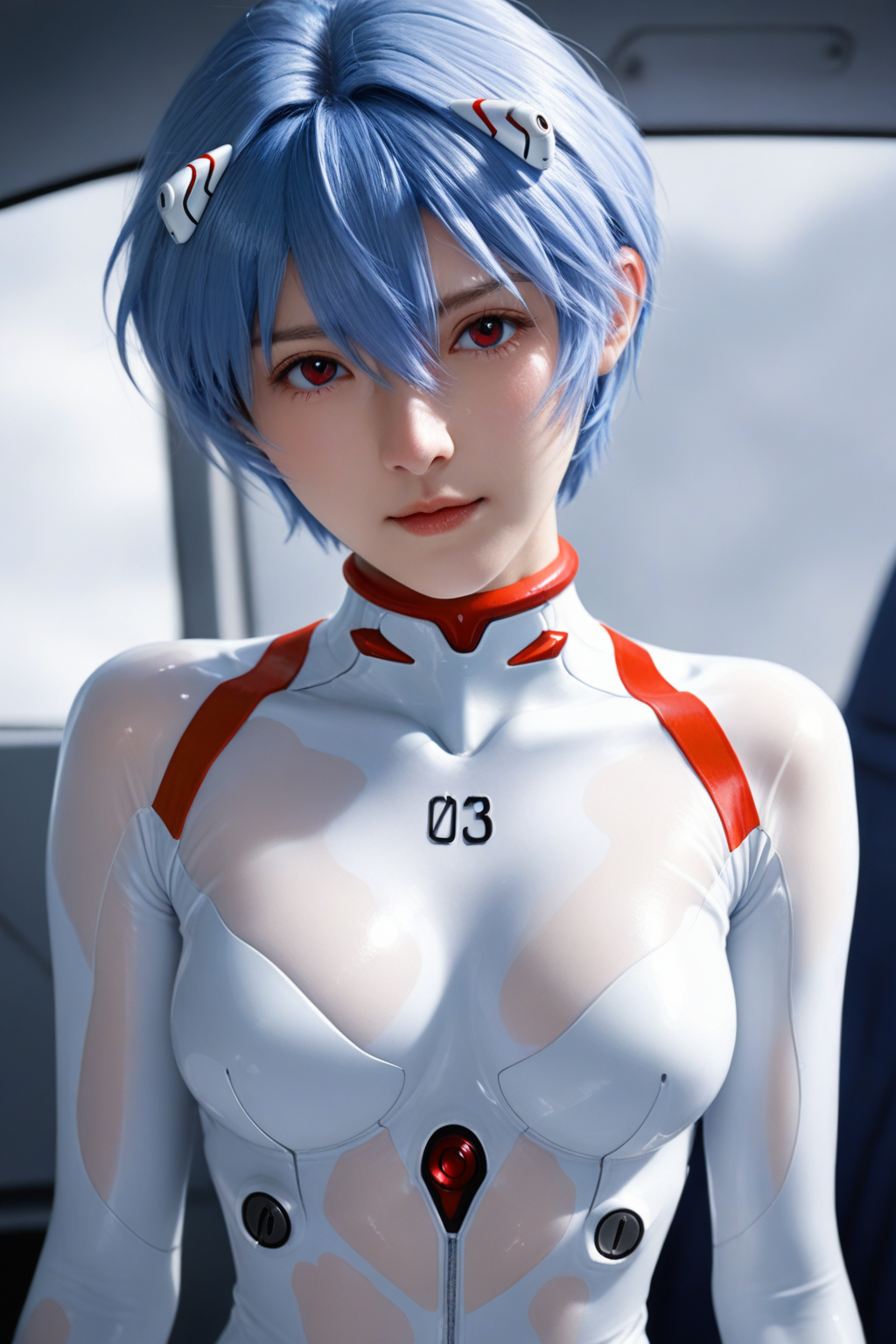 Real photos,photograph,depth_of_field,skin texture,Photo,Transparent skin,
00,nayanami rei,neon genesis evangelion,1girl,red eyes,hair between eyes,blue hair,short hair,medium breasts,plugsuit,plugsuit,white bodysuit,