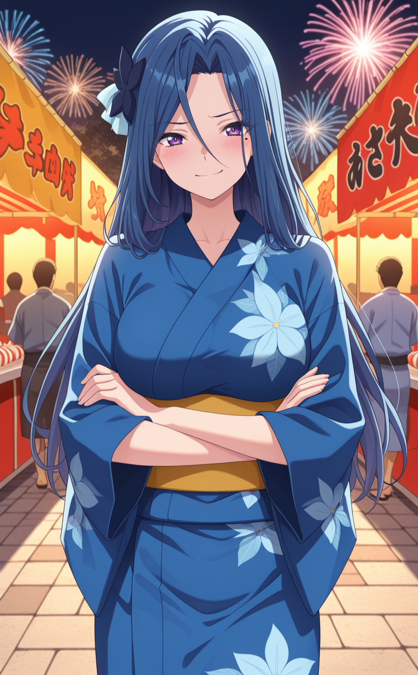 1girl,sksh1r1zean1m,anime coloring,solo,lady,blue hair,purple eyes,mole under eye, long hair,breasts,hair ornament,hair between eyes,,,(blue yukata,wide sleeves),  outdoors,summer festival,fireworks,shop,night,people in the background,cowboy shot ,,blush ,pose ,smirk ,looking at viewer,best quality,masterpiece,sensitive ,   <lora:SokushiCheatRizeAnimeNoobAI3:0.9>
