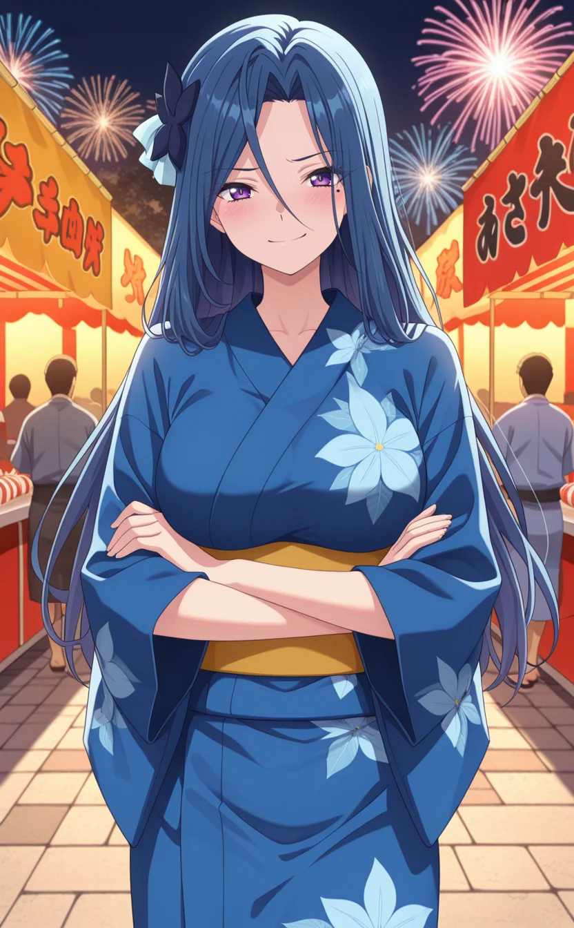 1girl,sksh1r1zean1m,anime coloring,solo,lady,blue hair,purple eyes,mole under eye, long hair,breasts,hair ornament,hair between eyes,,,(blue yukata,wide sleeves), outdoors,summer festival,fireworks,shop,night,people in the background,cowboy shot ,,blush ,pose ,smirk ,looking at viewer,best quality,masterpiece,sensitive , <lora:SokushiCheatRizeAnimeNoobAI3:0.9>