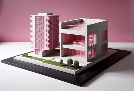 best quality, professional grade, studio shot of an architecture physical model, ( pink  details),  electronic components model,( traditional  style)  super detailed, masterpiece, Perfectly framed, cinematic lighting, focused, Architecture office in background, hyperrealistic, ultrarealistic, <lora:rawconcreteXL:1> Architecture physical model