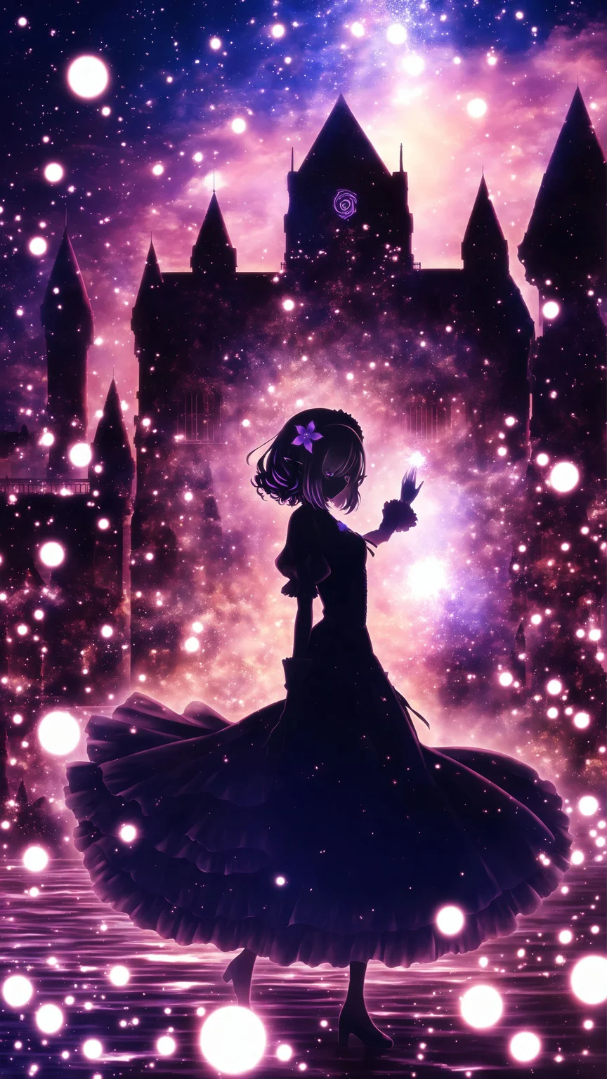 masterpiece, best quality, silhouette, harada miyuki style, 1girl, older woman , small breast   , elf, pointy ears, shiny hair gradation gradient hair, very long hair, eyes visible through hair, dark indigo gothic dress, headdress, frilled, puffy sleeves, hair flower, garter, Underwater castle background , Cool Light, dark rainbow eyes , transparency beige hair, medium hair , multiple braids drill hair , hair over one eye sideburns ,   , <lora:harada_miyuki_style-illustrious-v1-2:0.9>
