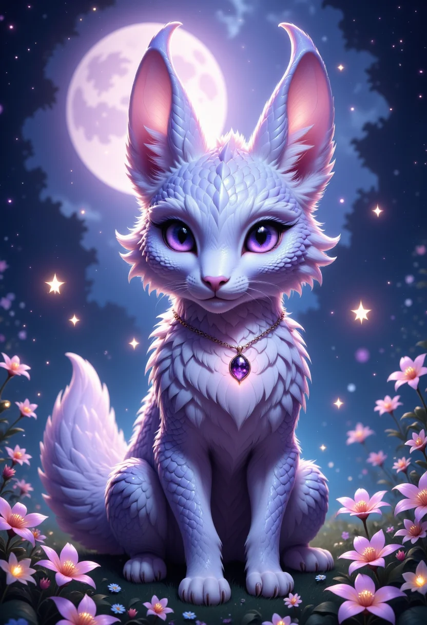 detailed digital illustration of a graceful, ethereal fox with silver fur that glows faintly in the moonlight. The fox has piercing violet eyes and intricate, swirling patterns of soft lavender on its fur. It wears a delicate, silver pendant with a glowing amethyst at its center, hanging from a thin chain around its neck. The fox's tail is long and bushy, with tips that shimmer like stardust The background is an enchanted nighttime meadow filled with luminescent flowers and gently swaying grasses. A large, full moon hangs low in the sky, casting a soft, mystical light over the scene. Fireflies dance around the fox, adding a touch of magic to the serene atmosphere. The overall color palette is a blend of soft purples, silvers, and blues, evoking a sense of mystery and wonder